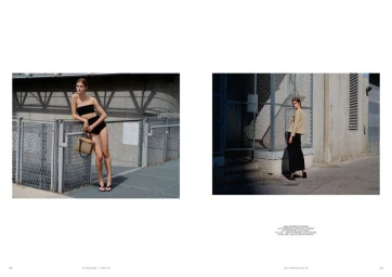 Editorial spread showing model Anna Robinson posing in black swimwear and a beige jacket against industrial urban walls.