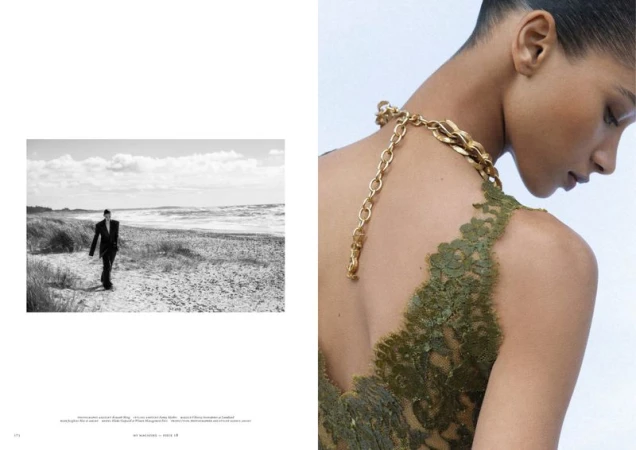 Editorial spread with a woman in olive lace and a gold chain necklace next to a black and white beach landscape photograph.