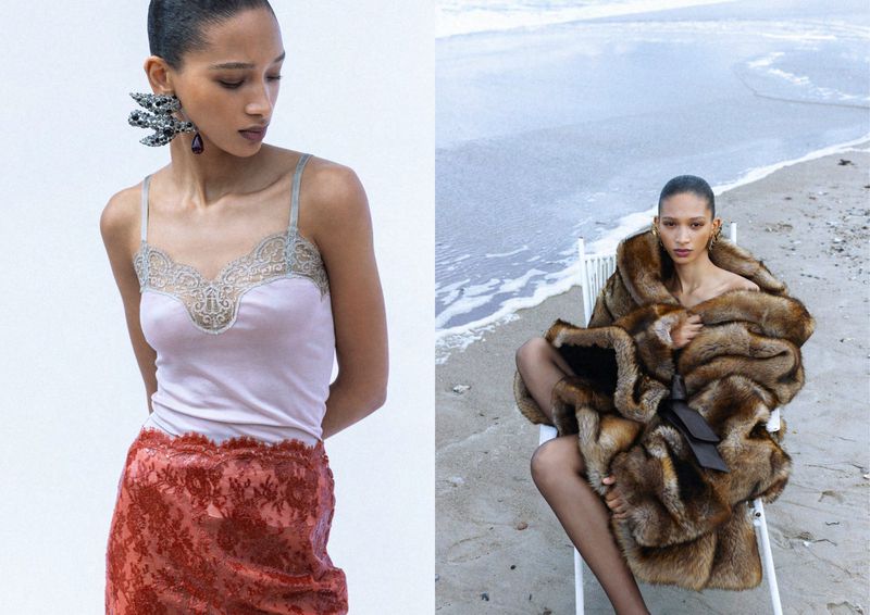 Diptych of model Elodie Guipaud in a lace-trimmed camisole against a white backdrop and seated in a fur coat on a beach.