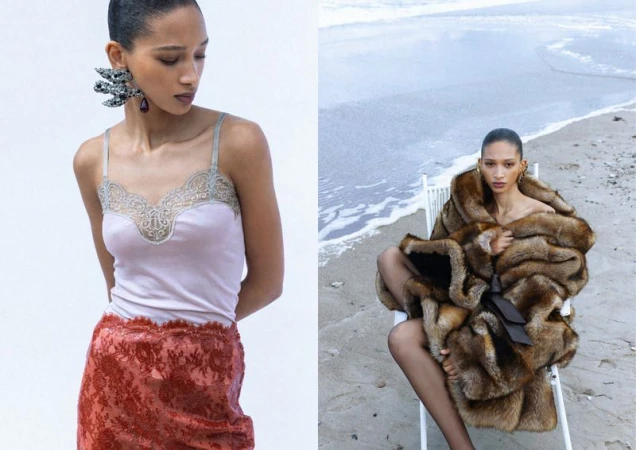 Diptych of model Elodie Guipaud in a lace-trimmed camisole against a white backdrop and seated in a fur coat on a beach.