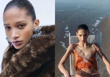 Editorial diptych of model Elodie Guipaud wearing a dark brown fur coat with crystal earrings and an orange lace slip dress on a beach.