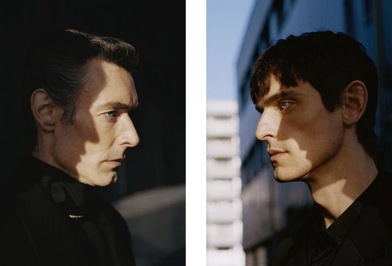 Two men in profile, contrasting lighting and backgrounds, close-up shot showcasing their features and serious expressions, fashion photography.