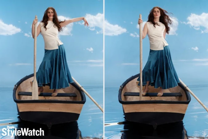 Diptych of Harlow Jane standing in a wooden rowboat holding an oar, wearing a cream sleeveless top and a flowing teal maxi skirt.