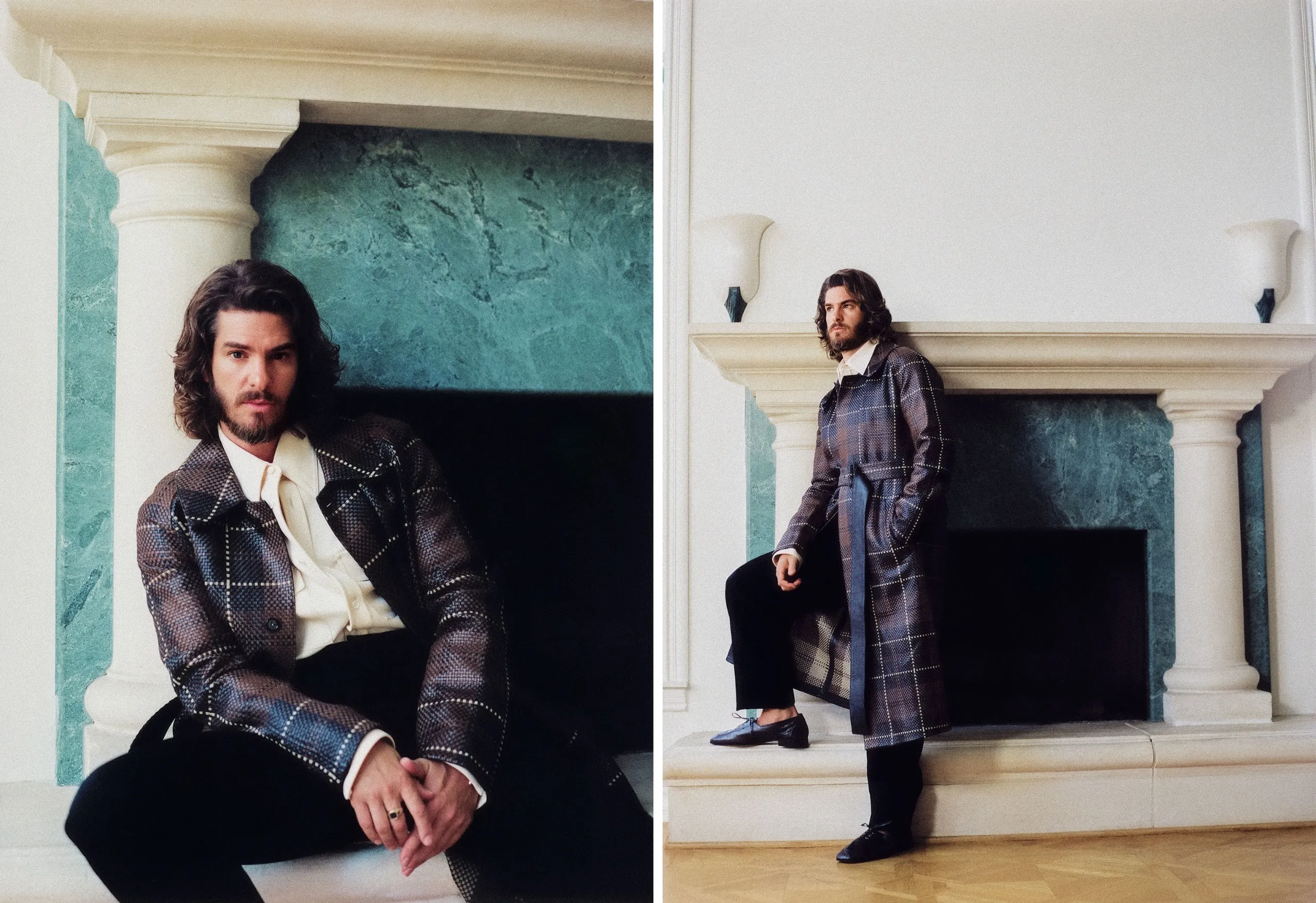 Diptych of actor Andrew Garfield posing in a plaid leather coat beside a classical fireplace with green marble accents.