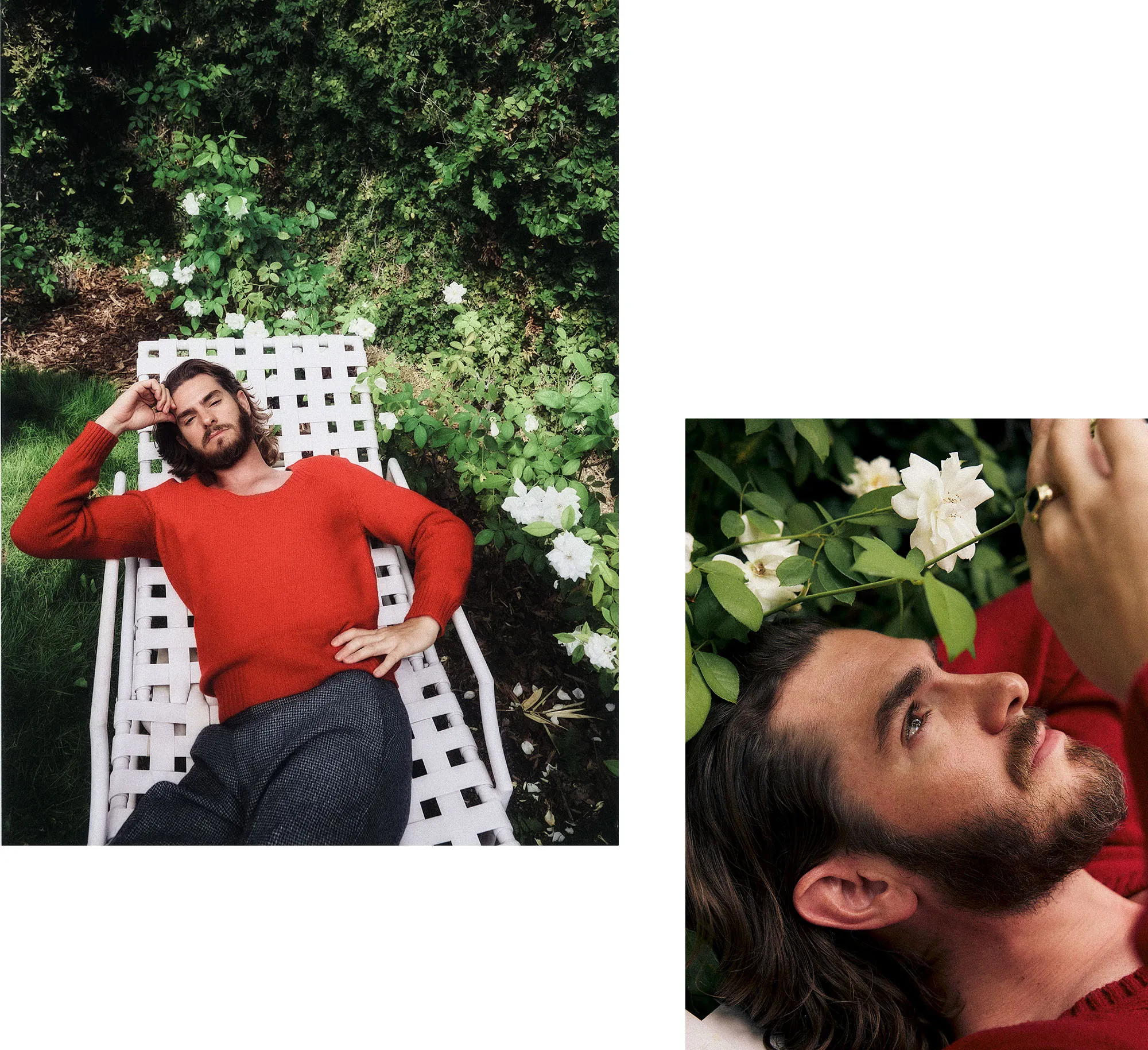 Actor Andrew Garfield in a red knit sweater lounging on a white patio chair outdoors surrounded by garden greenery.