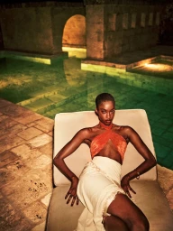 Model wearing an orange halter top and white skirt seated on a lounger beside a dimly lit stone swimming pool at night.