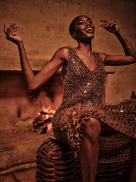 Model with a shaved head wearing a textured brown dress seated on a woven wicker stool indoors by a fireplace