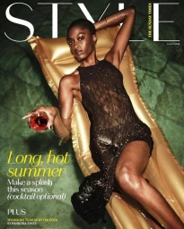 Model Sheila Bawar relaxing on a gold inflatable float in a pool for The Sunday Times Style Magazine UK