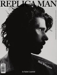 Monochrome profile portrait of actor Ben Whishaw for the cover of Replica Man Magazine against a neutral backdrop.