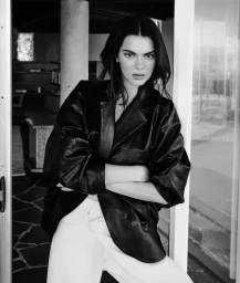 Kendall Jenner wearing a dark leather blazer and white jeans, photographed by Robin Galiegue for FRAME Fall 2026 campaign.