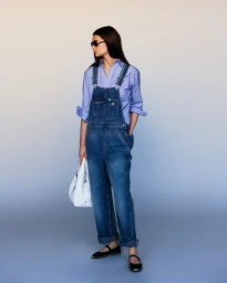 Model in denim overalls wearing a blue shirt and holding a white handbag against a gradient backdrop