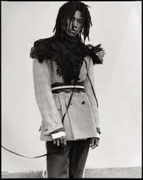 Model Ezekiel Conteh wearing a light tailored blazer with a black lace shoulder overlay and belt for Ann Demeulemeester.