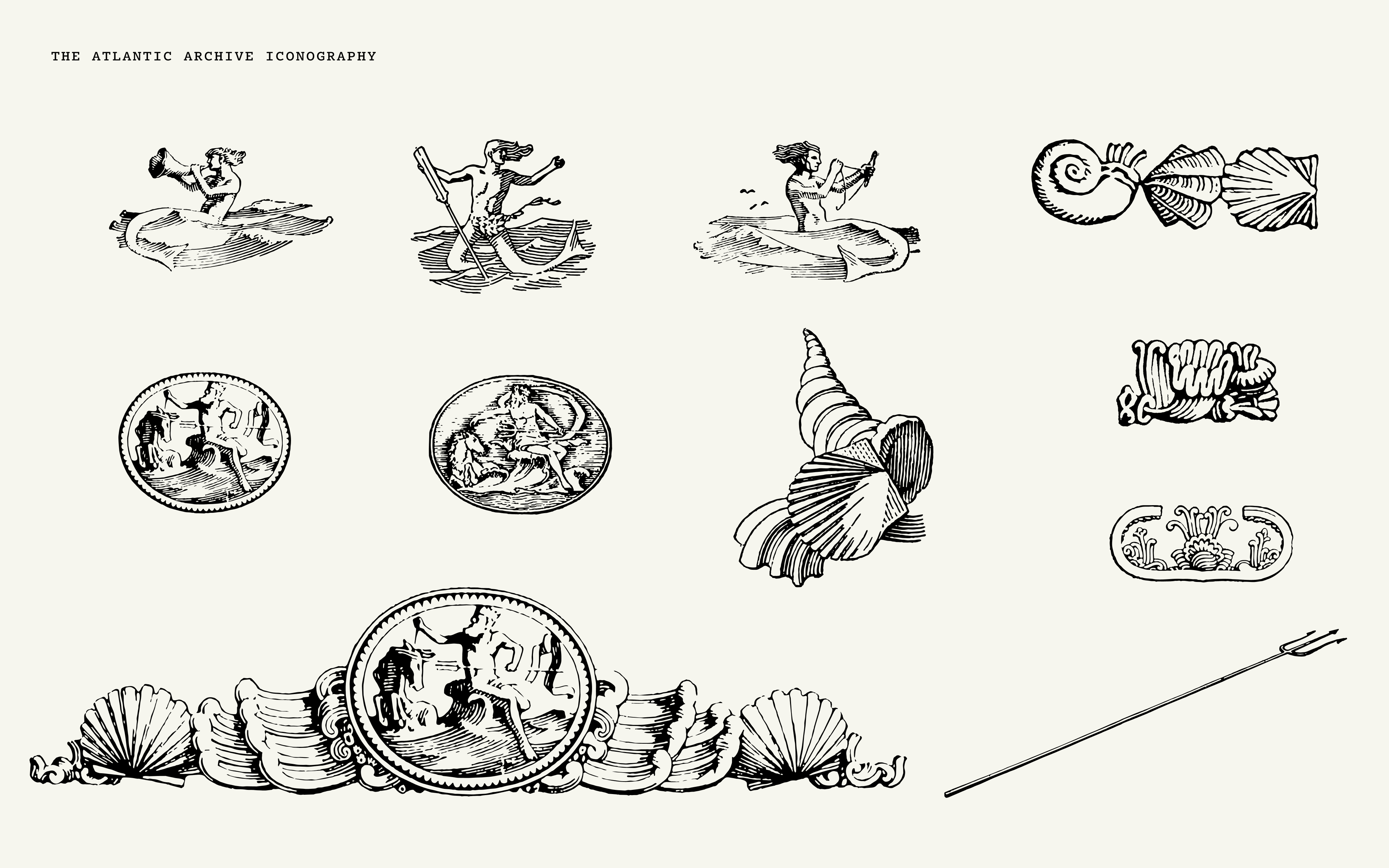 Black and white engraved archival iconography collection featuring mermen, sea shells, tridents, and ocean medallions on an off-white field.