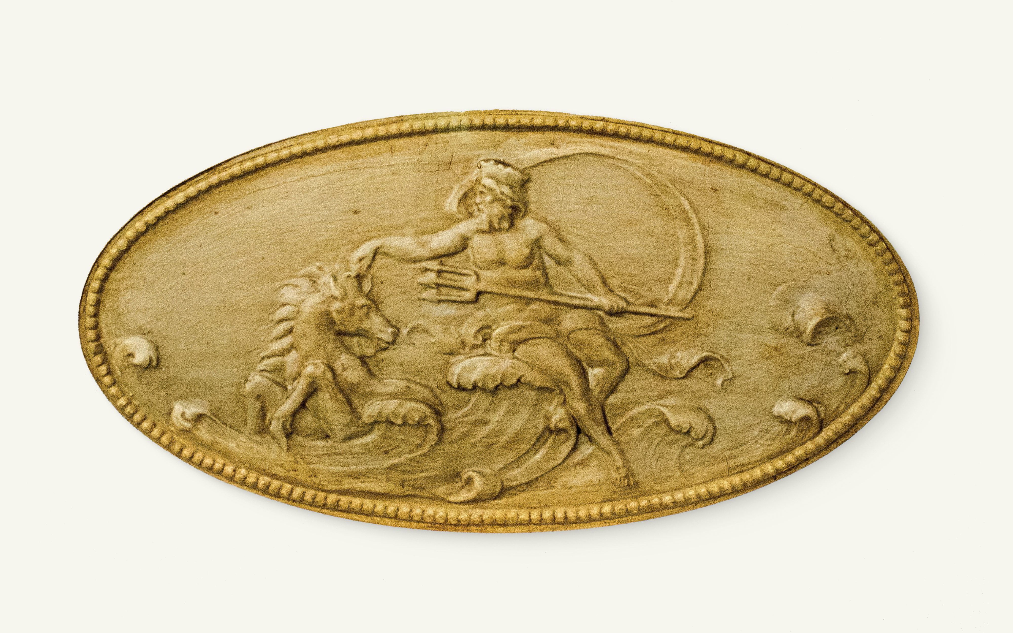 Oval gold relief medallion depicting Neptune holding a trident alongside a sea horse cresting waves against an off-white background.