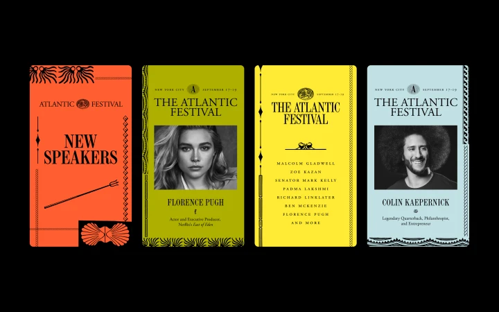 Graphic layout of four vertical promotional cards in orange, green, yellow, and blue for The Atlantic Festival on a black background.