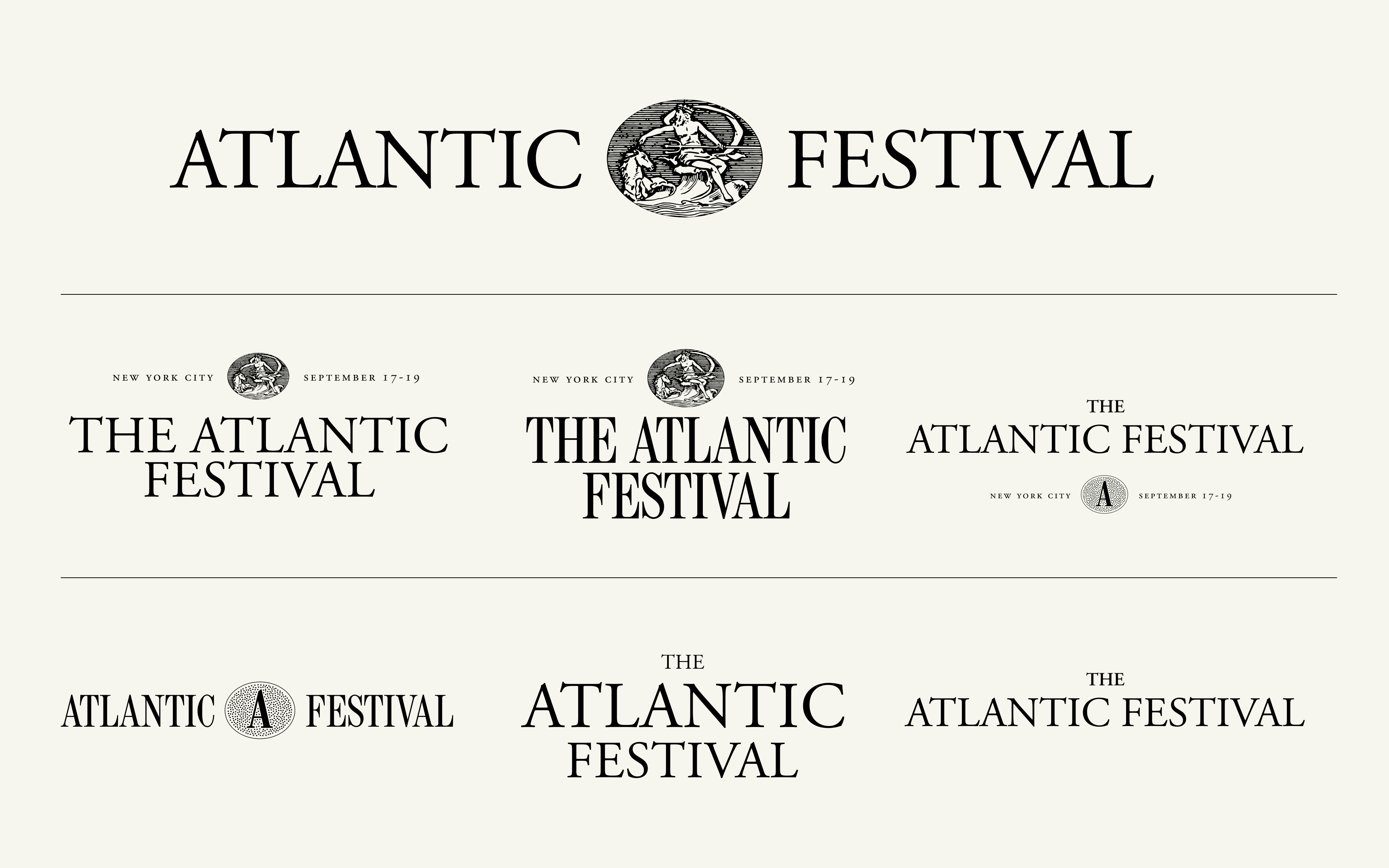 Logo design explorations and typographic lockups for The Atlantic Festival on an off-white background.