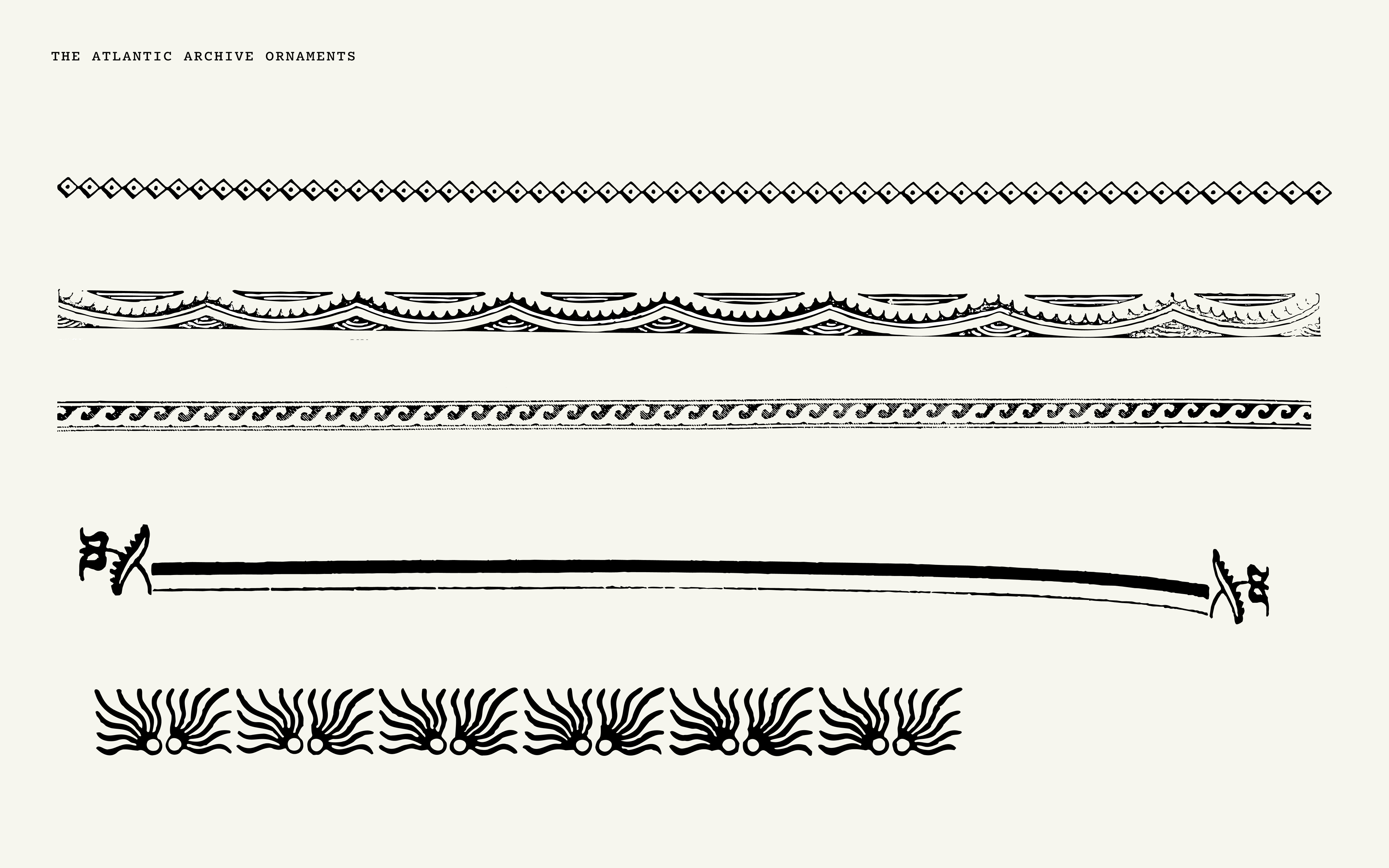 Five rows of decorative black typographic archive ornament borders and rules on an off-white background.