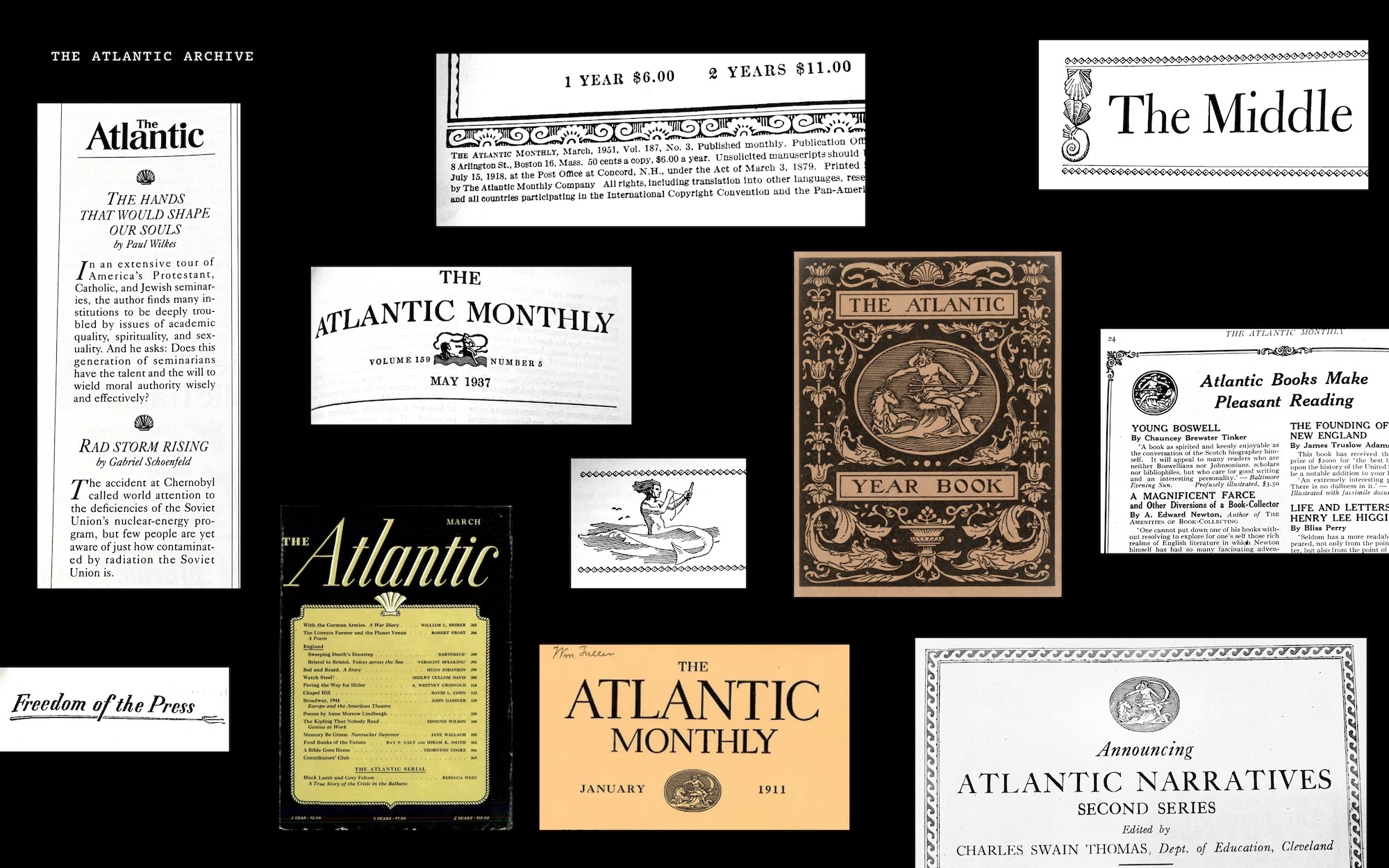 Archival clippings and historical typography mastheads from The Atlantic Monthly displayed across a solid black background.