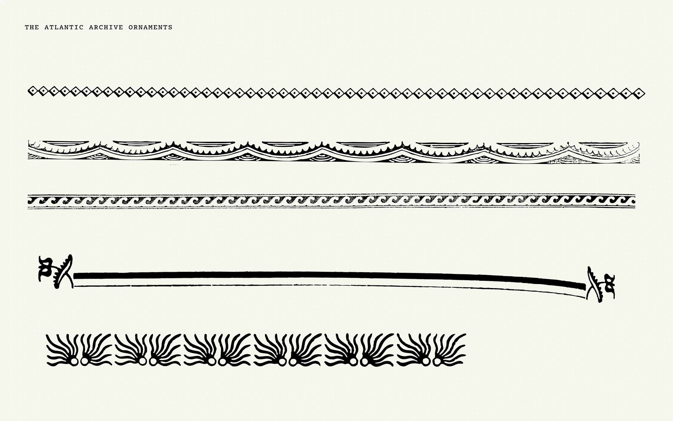 Five rows of decorative black typographic archive ornament borders and rules on an off-white background.