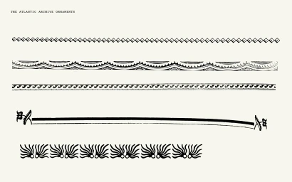 Five rows of decorative black typographic archive ornament borders and rules on an off-white background.