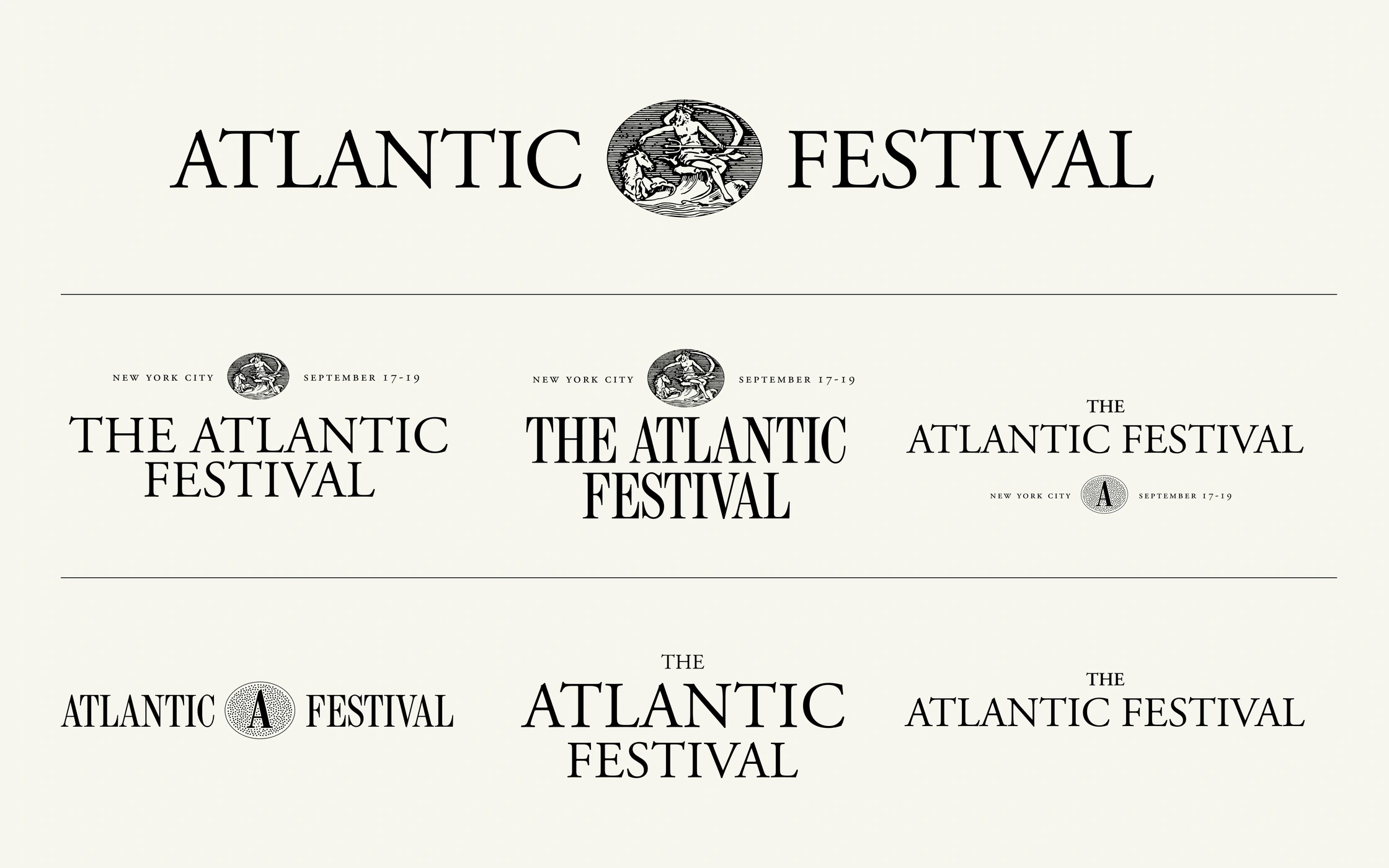 Logo design explorations and typographic lockups for The Atlantic Festival on an off-white background.