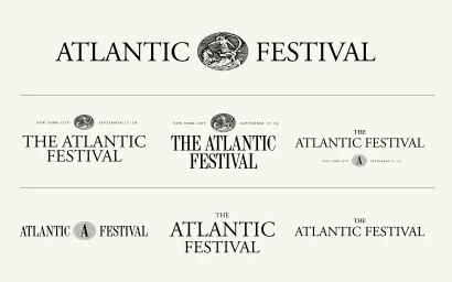 Logo design explorations and typographic lockups for The Atlantic Festival on an off-white background.