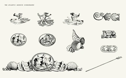 Black and white engraved archival iconography collection featuring mermen, sea shells, tridents, and ocean medallions on an off-white field.