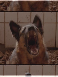 Close-up of a German Shepherd barking with mouth wide open against a tiled wall in a film frame.