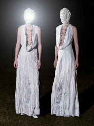 Two figures wearing draped white gowns and textured full head coverings standing outdoors in the dark.