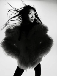 East Asian woman in a voluminous shaggy jacket with windblown hair posed against a white studio background.