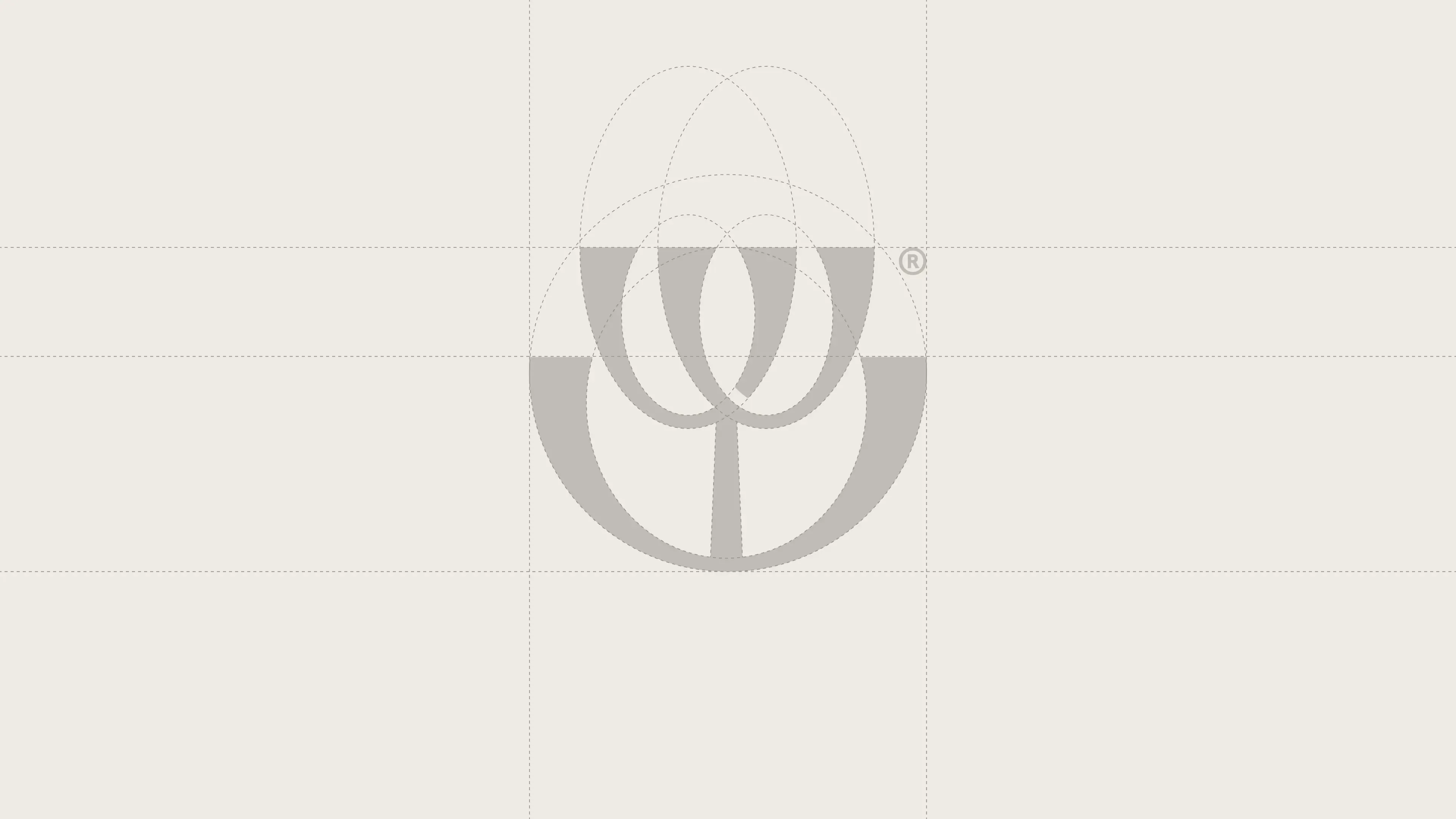 Minimalist geometric brand identity logo design with construction grid lines on light grey background