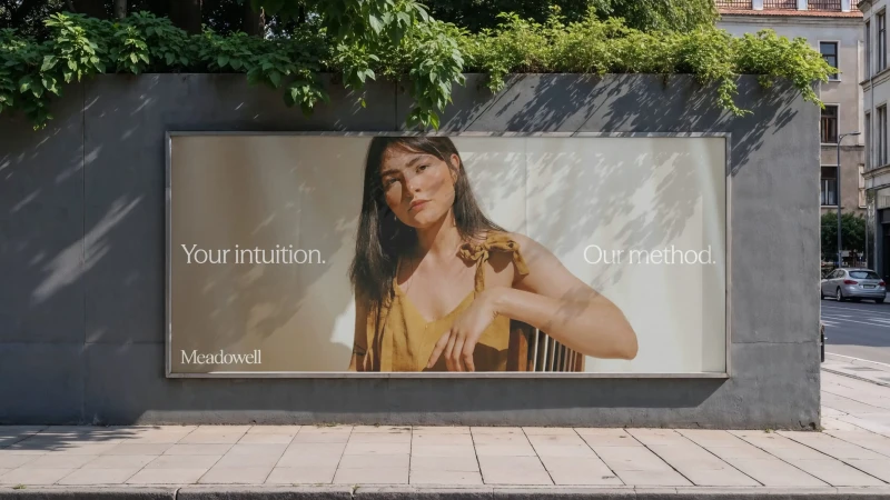 Outdoor billboard advertisement for Meadowell mounted on a concrete wall alongside a city street.