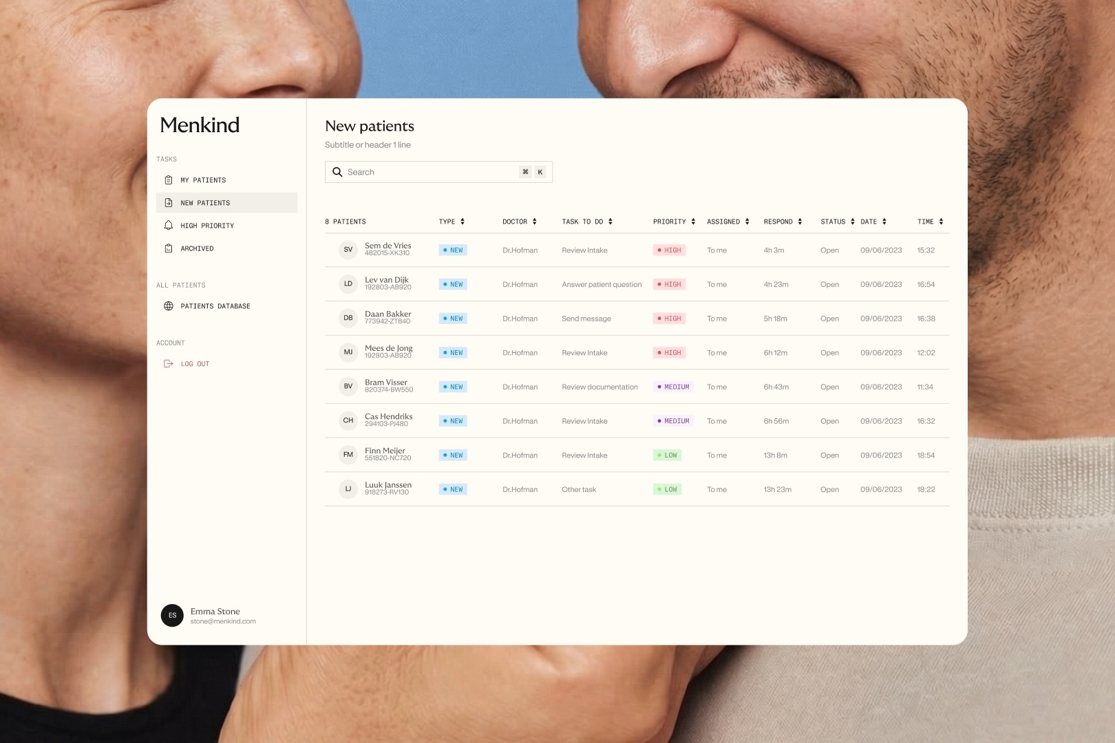 Digital UI dashboard overlay for Menkind showing a patient management table against a background of two smiling faces.