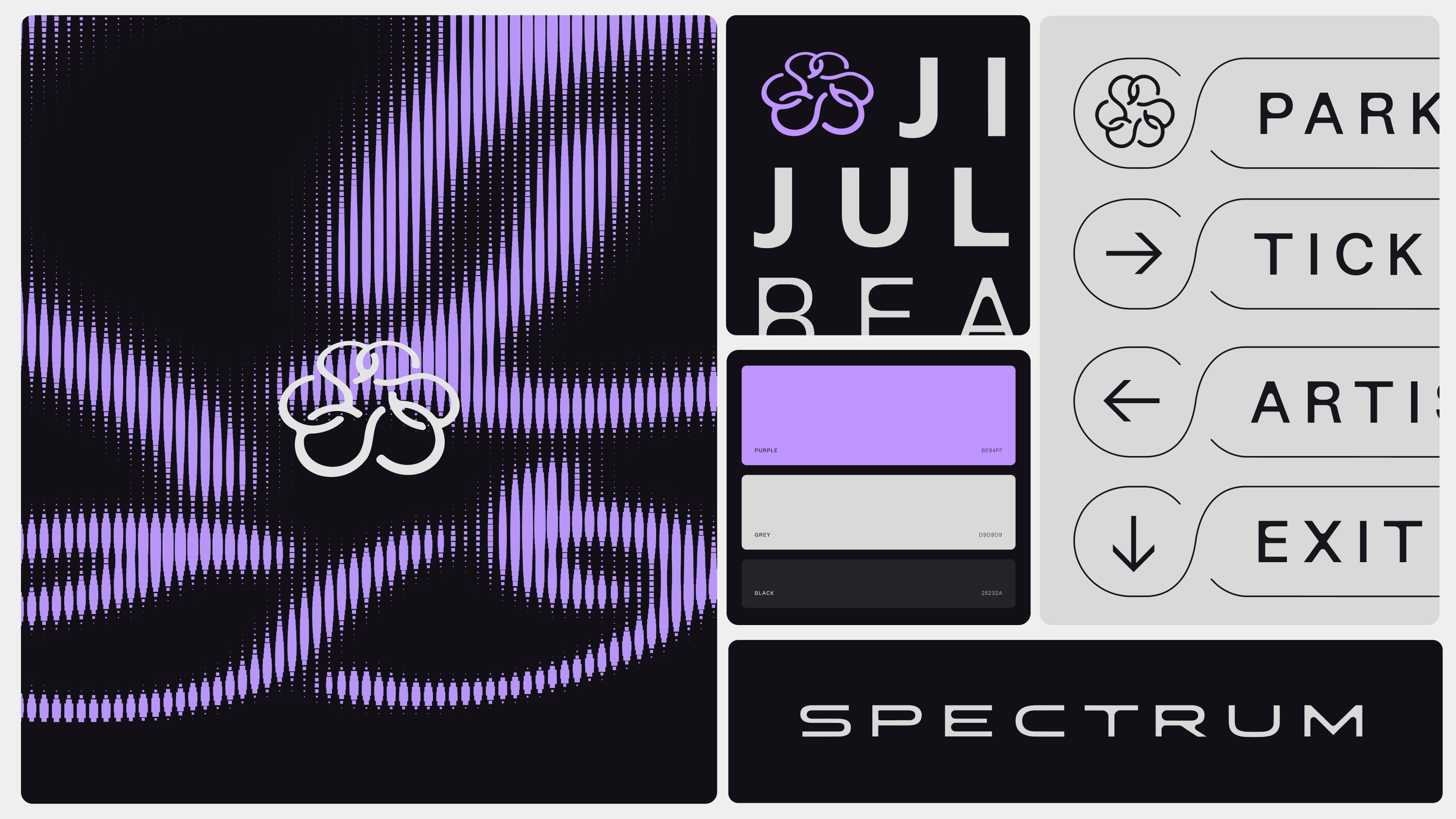 Brand identity board featuring a purple and black halftone pattern, looped emblem, color palette swatches, and signage design.