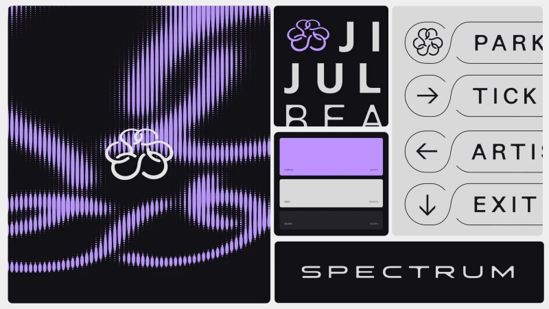 Brand identity board featuring a purple and black halftone pattern, looped emblem, color palette swatches, and signage design.