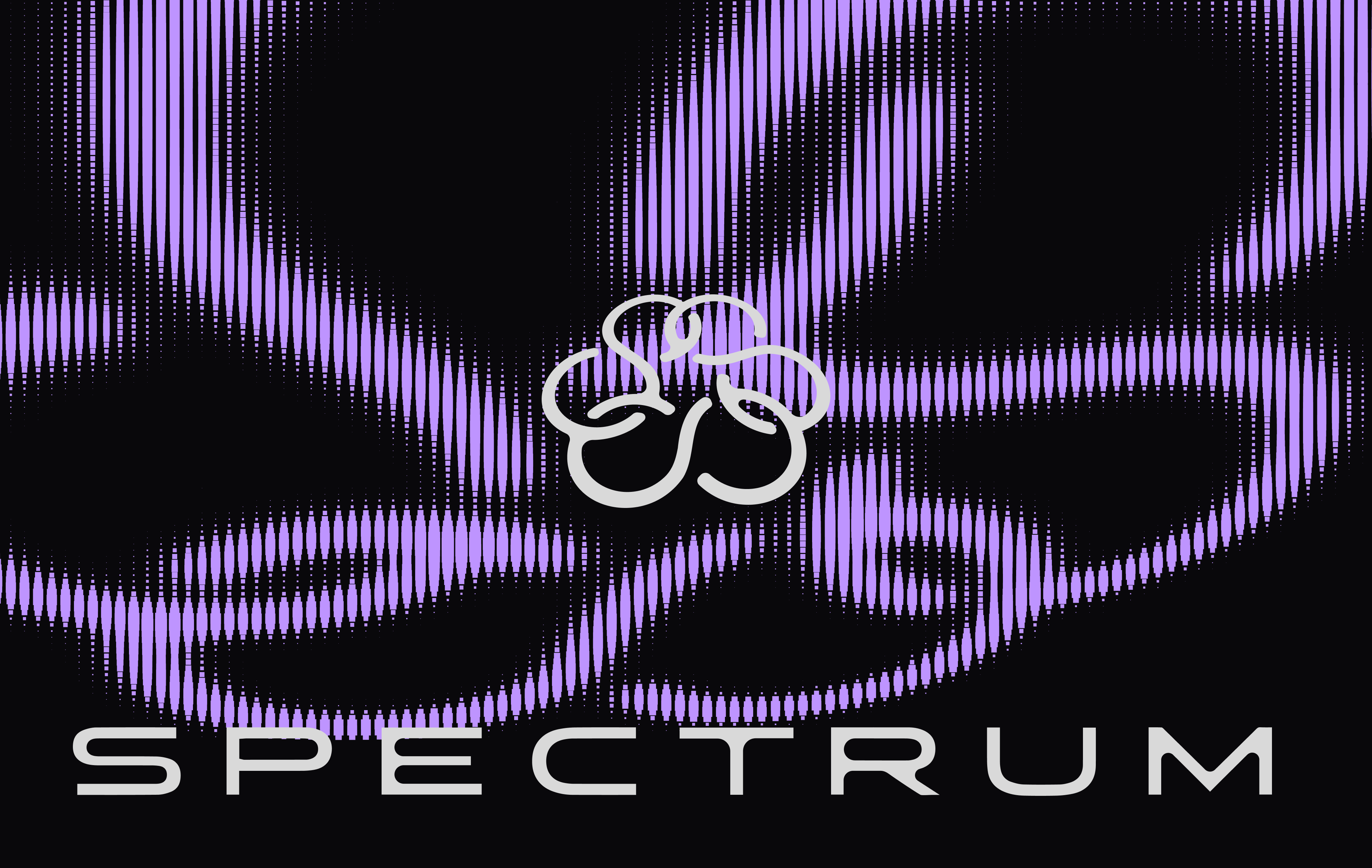Spectrum brand identity graphic featuring white typography, an interlaced emblem, and abstract purple halftone waveforms on black.