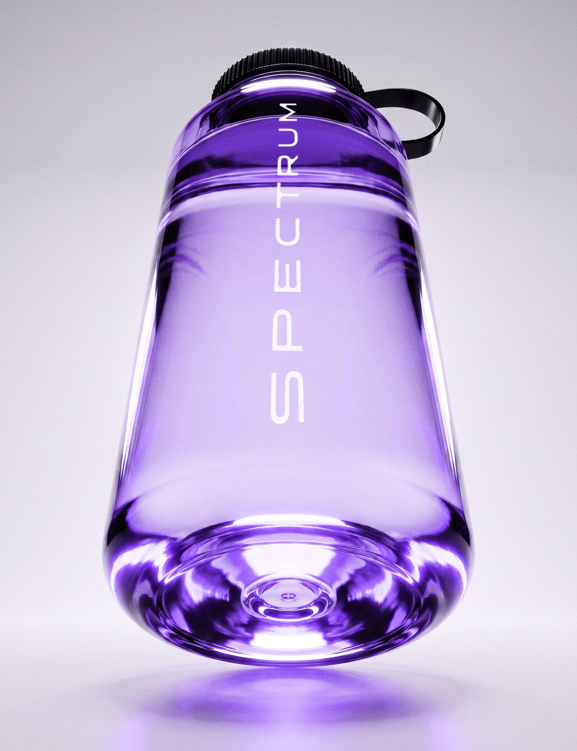 Transparent purple reusable water bottle with white Spectrum text and black cap against a light studio backdrop.