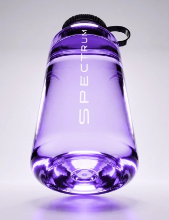 Transparent purple reusable water bottle with white Spectrum text and black cap against a light studio backdrop.
