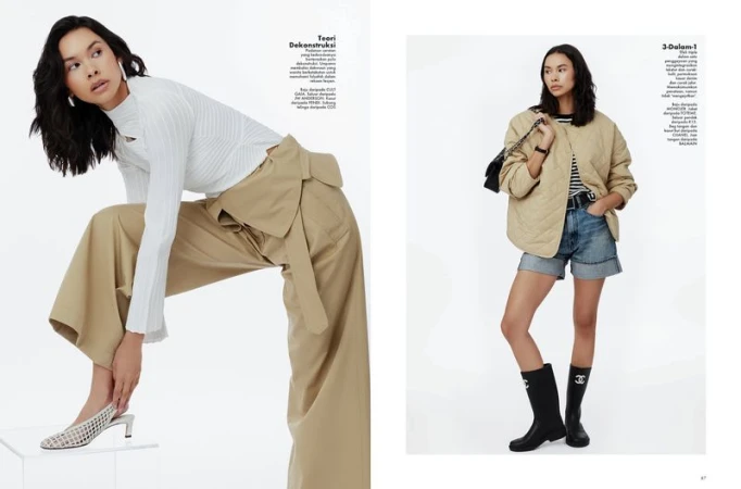 Two fashion shots feature a young Asian woman modeling. The first has her in white top and tan pants, the second in shorts and boots.