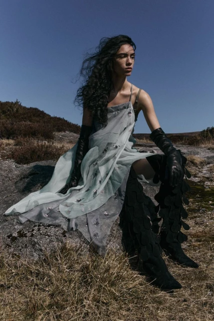 A woman with dark wavy hair poses outdoors, wearing a sheer dress, long gloves, and high boots, seated on a rock in a grassy field.