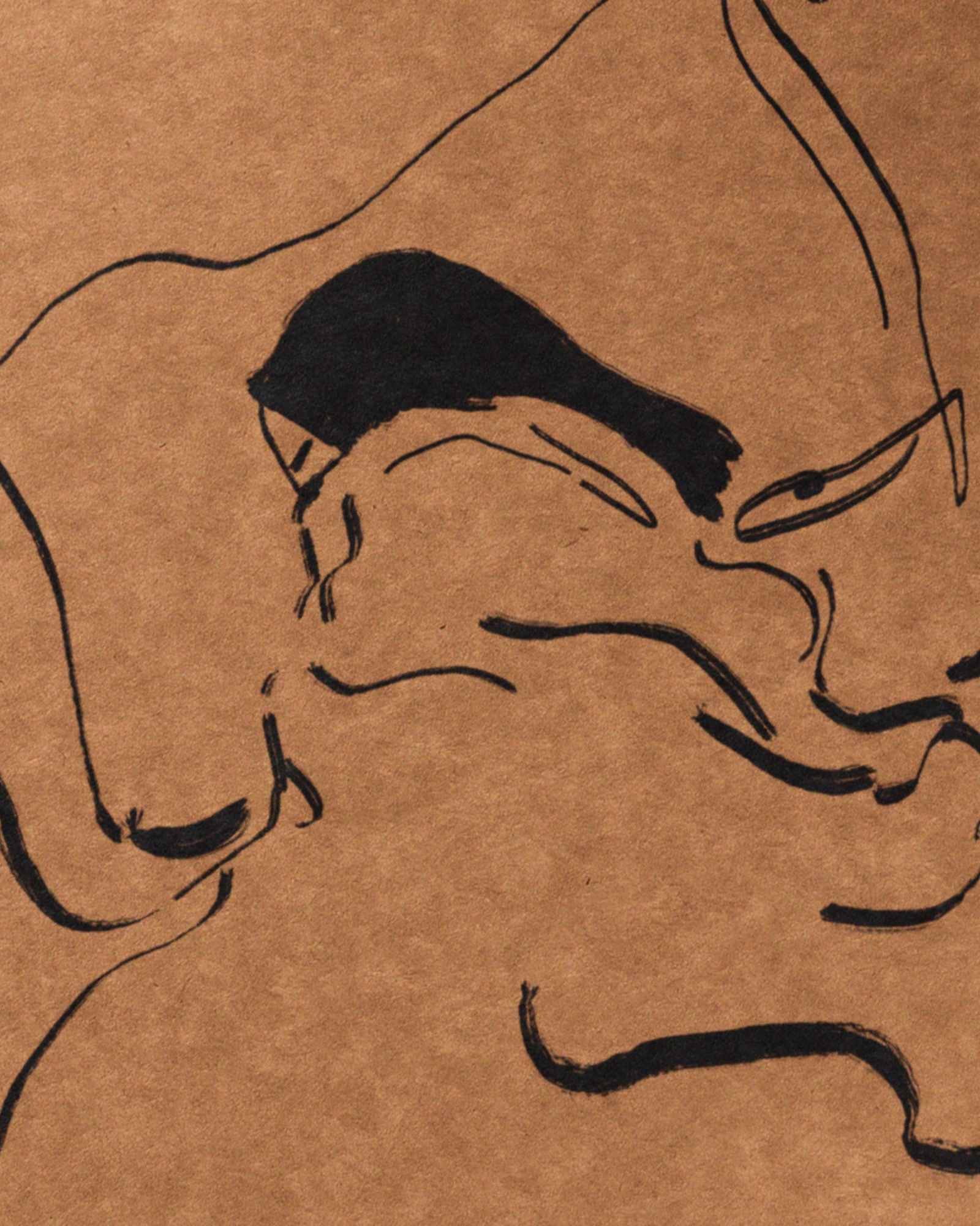 Minimalist black ink line illustration on brown textured paper featuring abstract human figures.