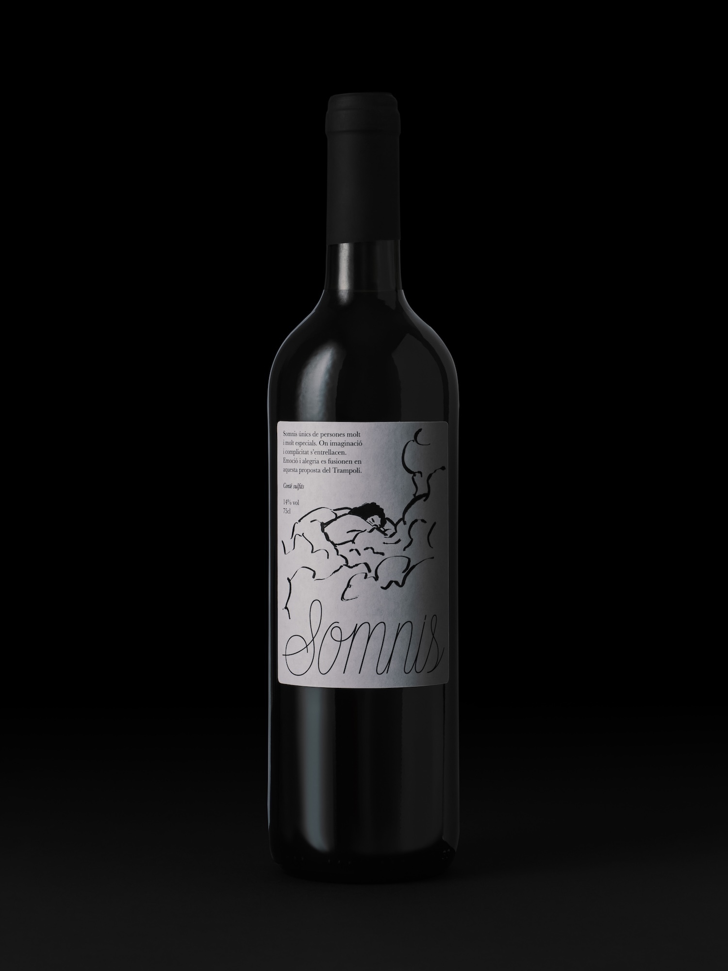 Wine bottle with custom illustrated white label featuring typography against solid black background