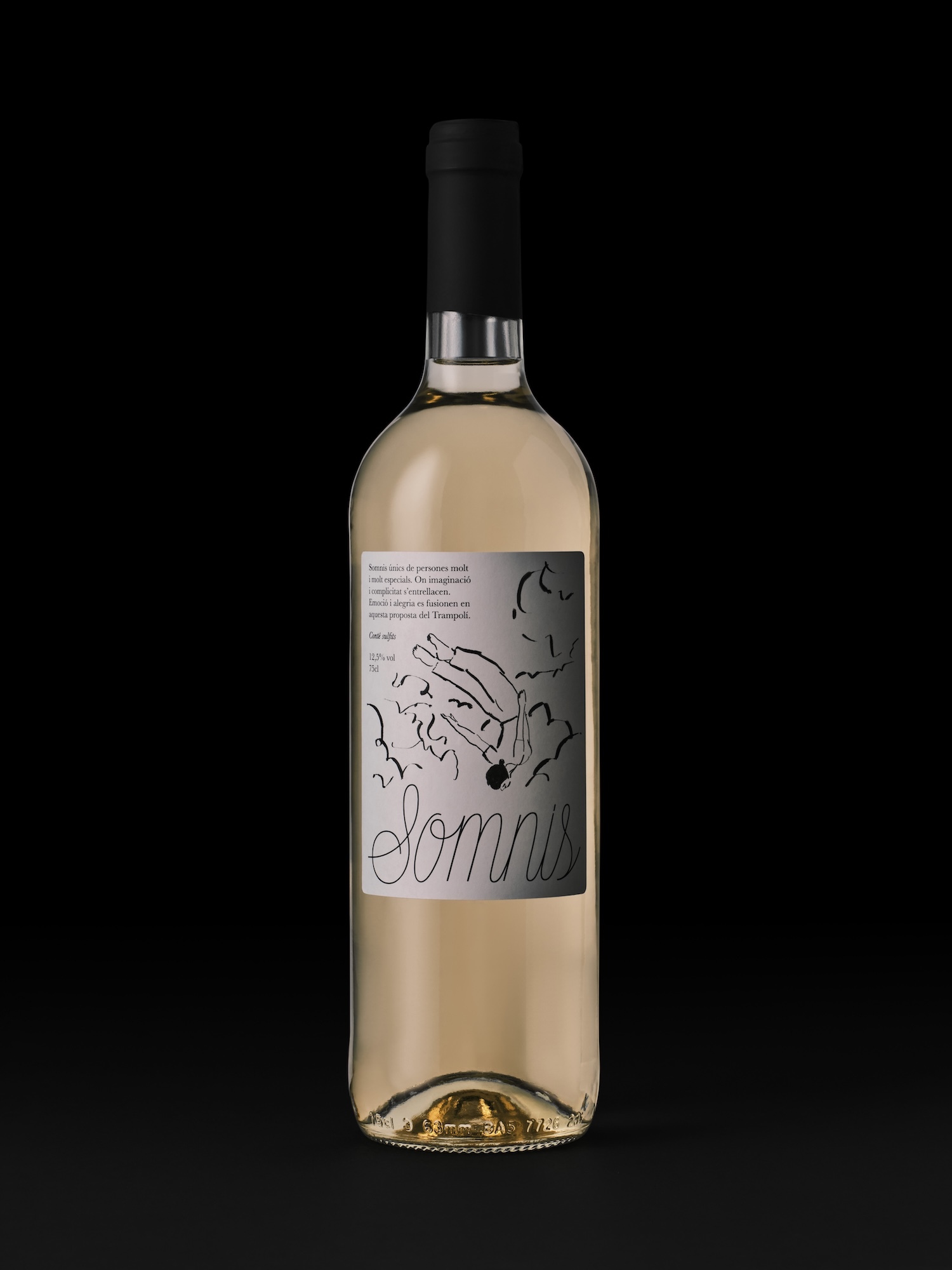 Wine bottle with illustrated white label featuring a falling figure against a black background