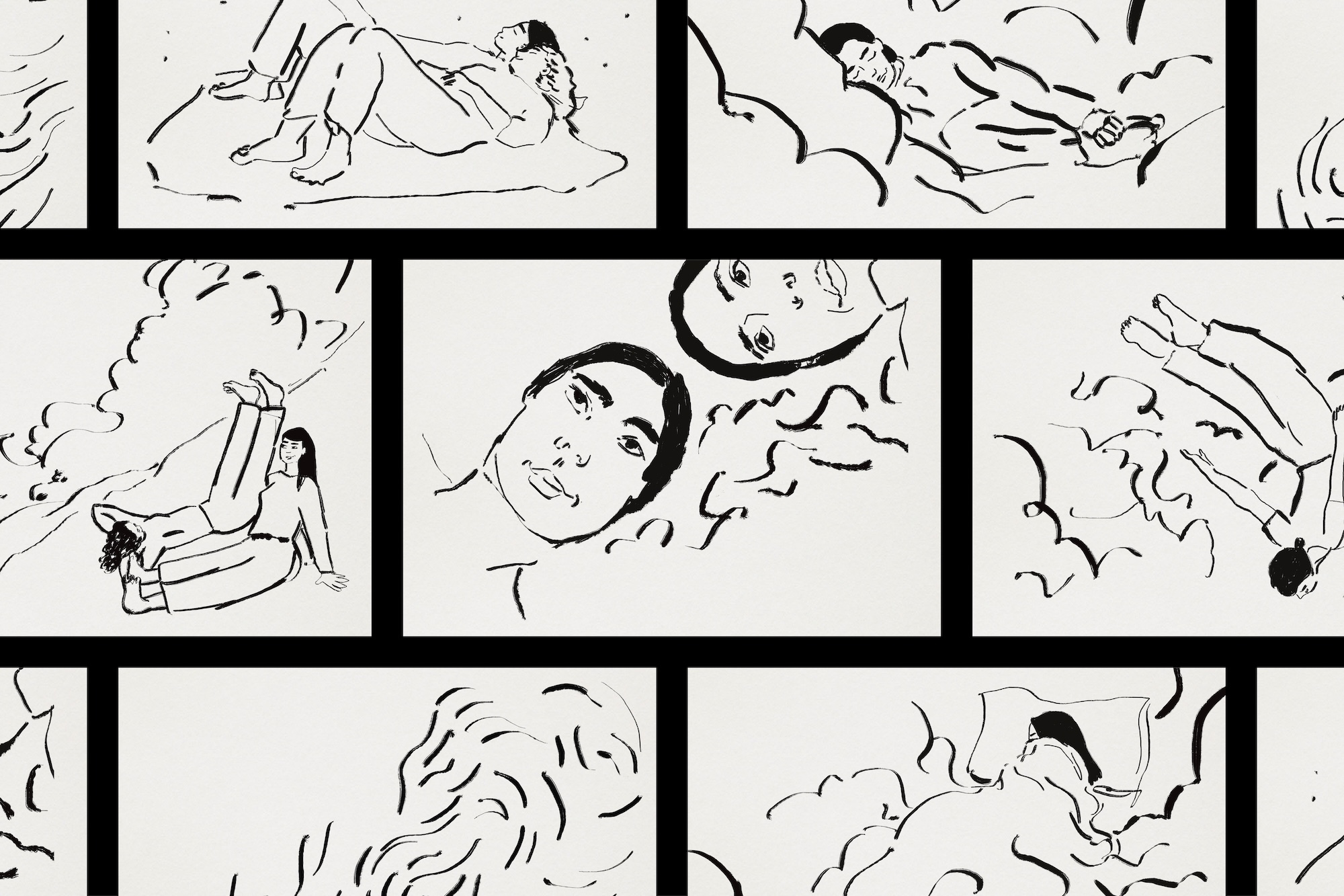 Black and white ink illustrations featuring figures lying down and resting, presented in a multi-pane layout for El Trampolí brand identity.