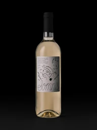 Wine bottle with illustrated white label featuring a falling figure against a black background
