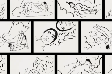 Black and white ink illustrations featuring figures lying down and resting, presented in a multi-pane layout for El Trampolí brand identity.