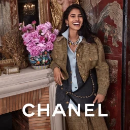 Smiling model leaning against a mantlepiece with pink flowers wearing a tweed jacket and carrying a black quilted handbag