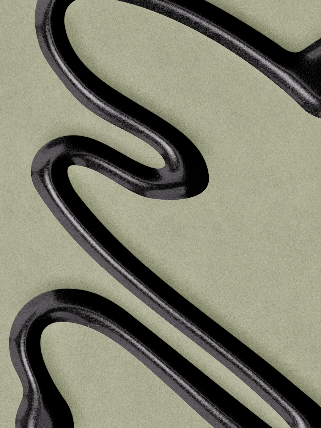 Close-up macro shot of sleek black sculptural forms curving across a textured sage green background.