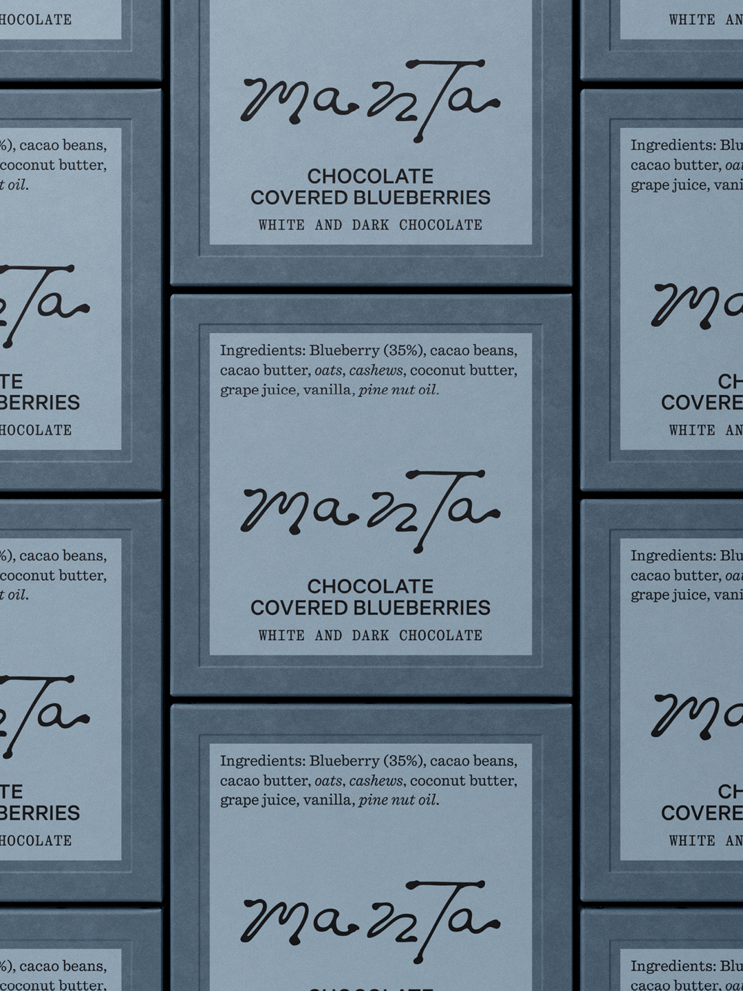 Repeating grid of Manta chocolate packaged boxes with dark grey typography on light labels.