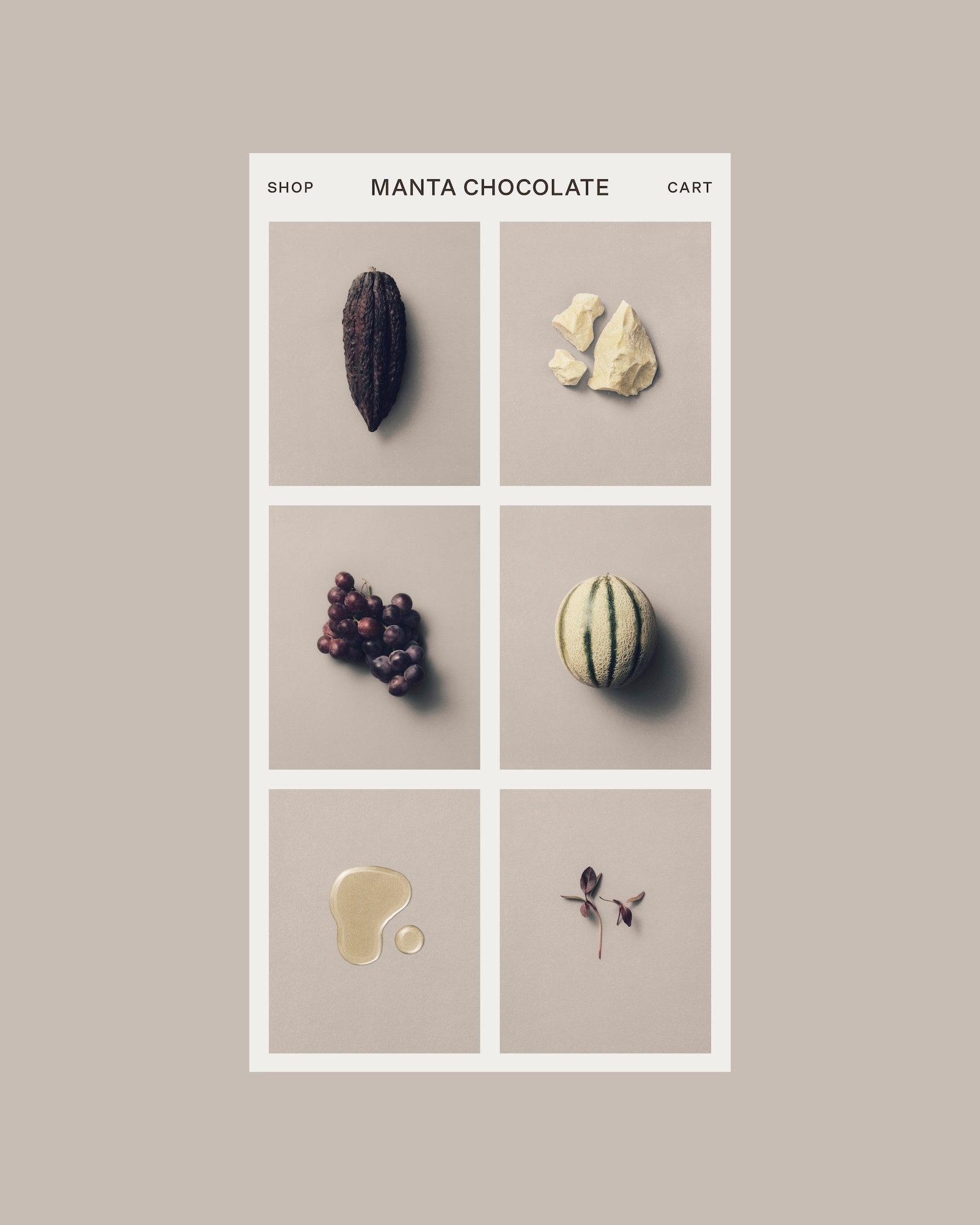 Web interface mockup for Manta Chocolate featuring a six-panel grid of ingredients on a neutral background
